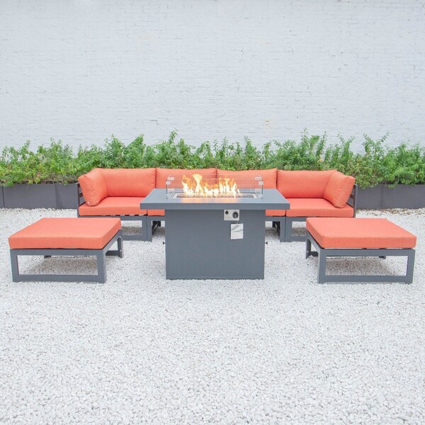 Leisuremod Chelsea 7Piece Patio Ottoman Sectional And Fire Pit Table
